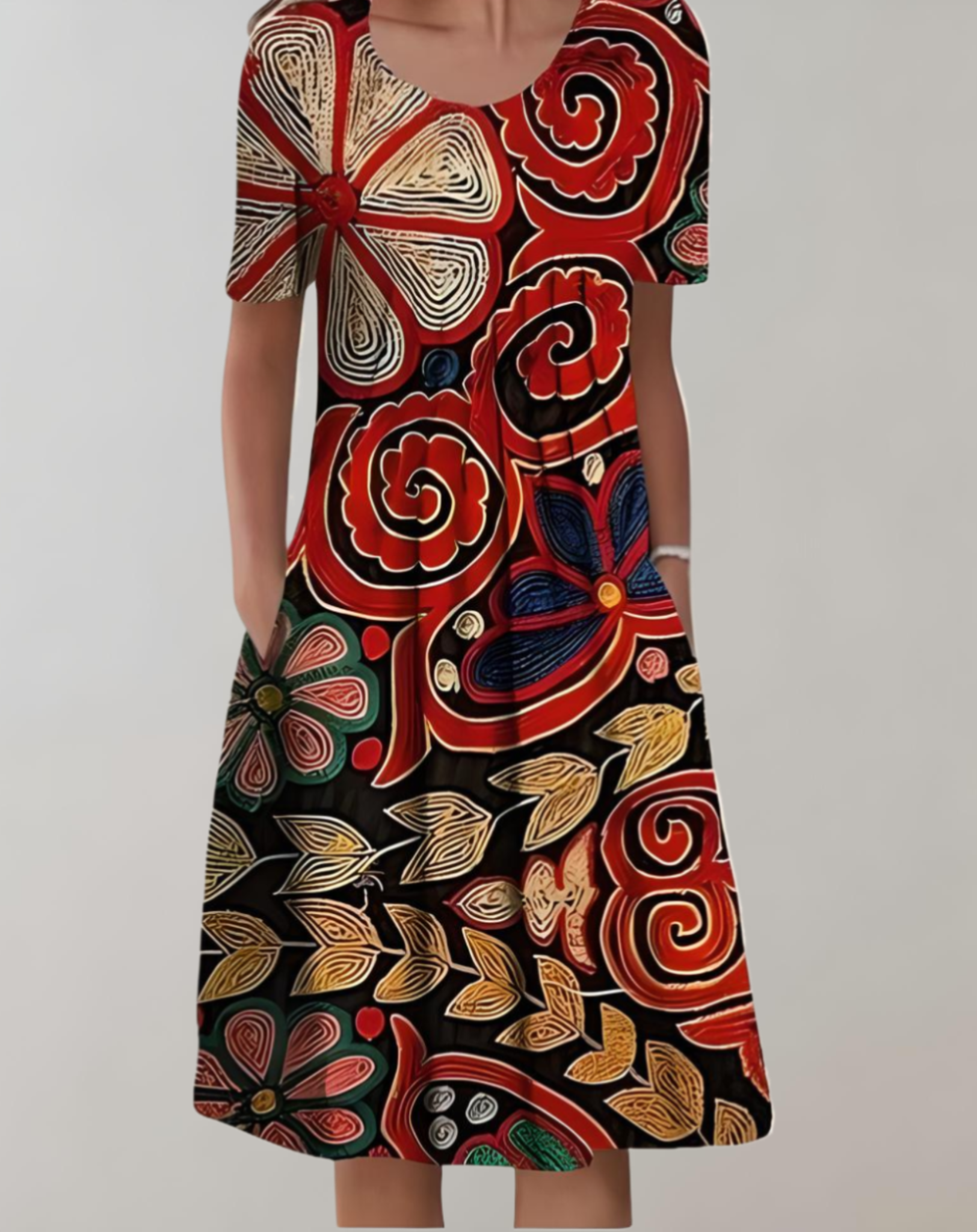 Léna – Robe féminine en ligne A, à manches courtes, col rond et motif floral, longueur genou