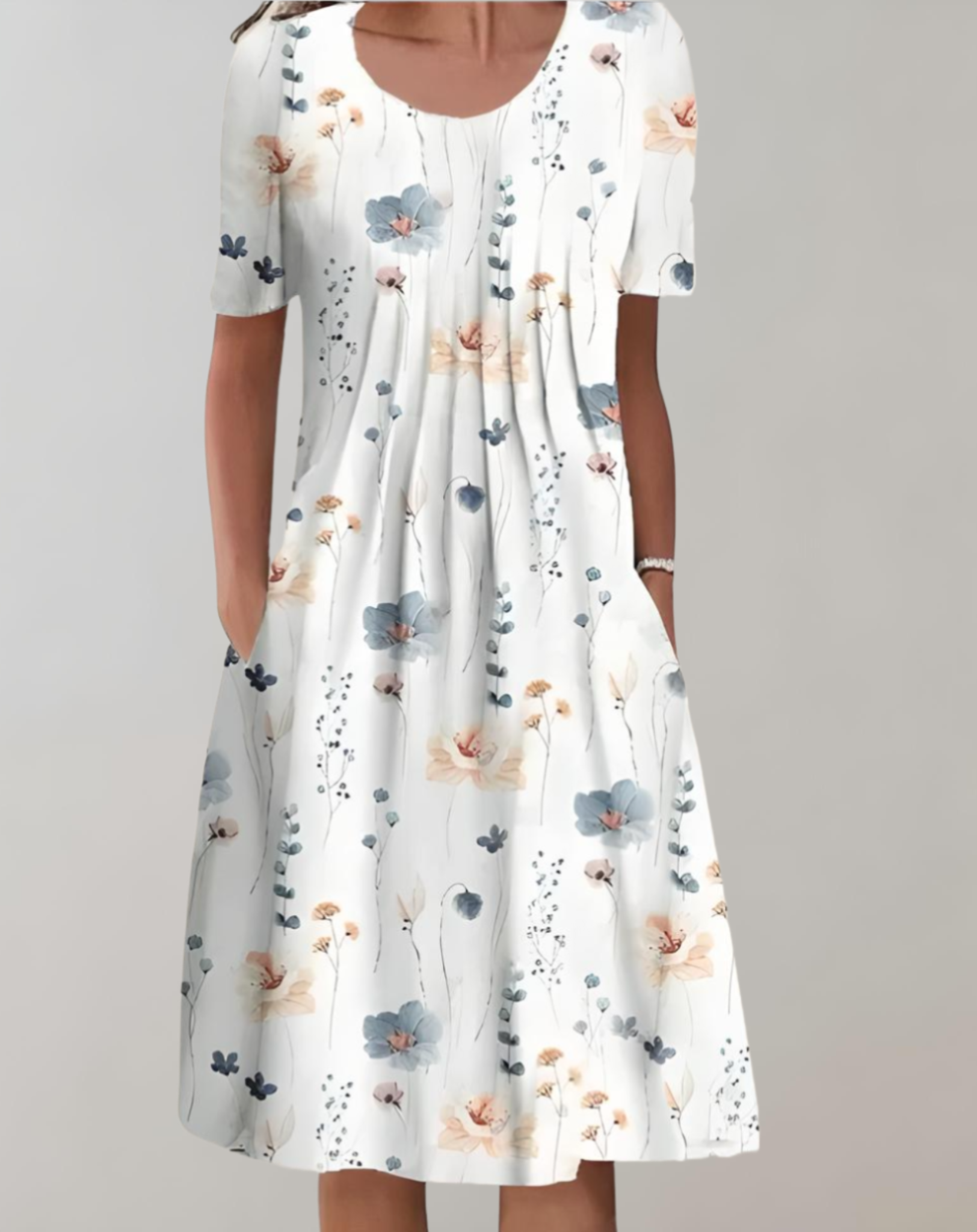 Léna – Robe féminine en ligne A, à manches courtes, col rond et motif floral, longueur genou
