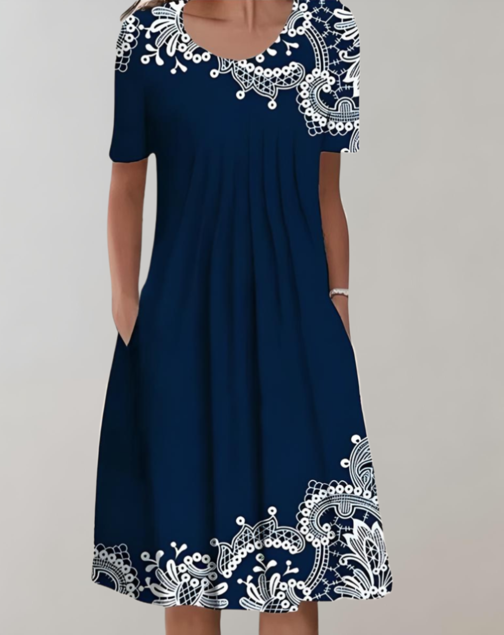 Léna – Robe féminine en ligne A, à manches courtes, col rond et motif floral, longueur genou