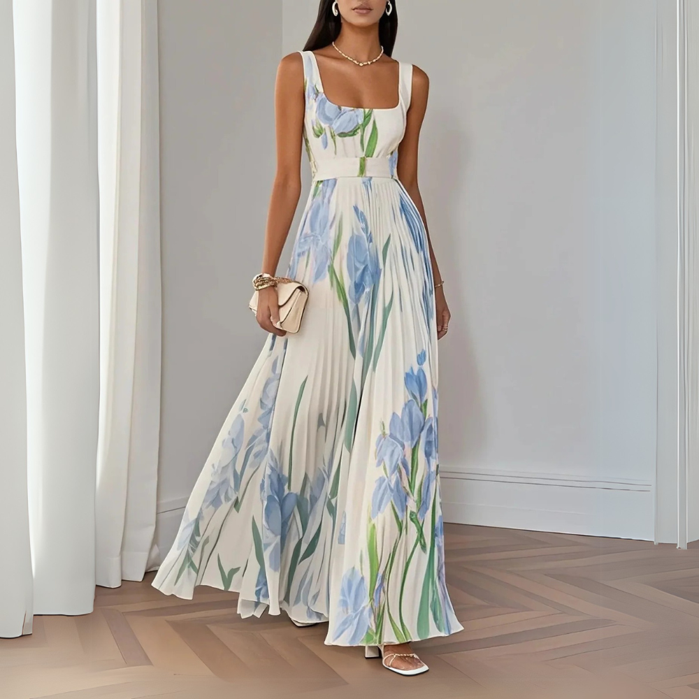 Clara – Robe longue élégante à volants avec un joli motif floral