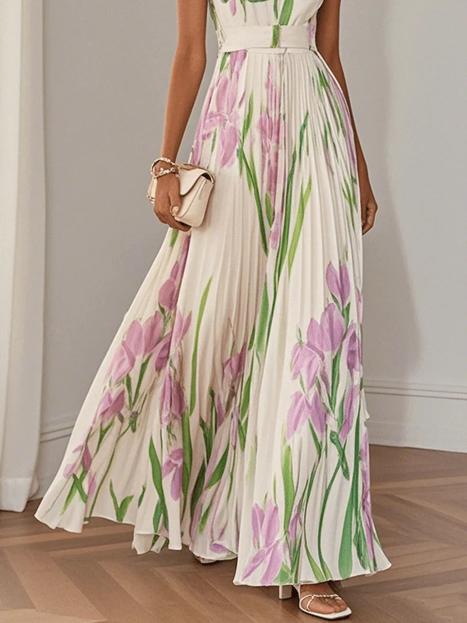 Clara – Robe longue élégante à volants avec un joli motif floral