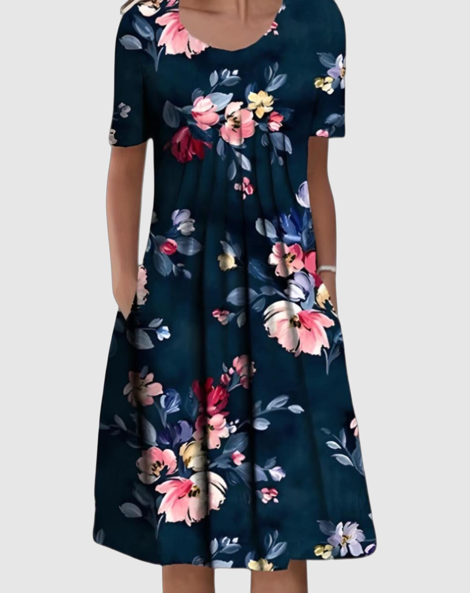 Léna – Robe féminine en ligne A, à manches courtes, col rond et motif floral, longueur genou