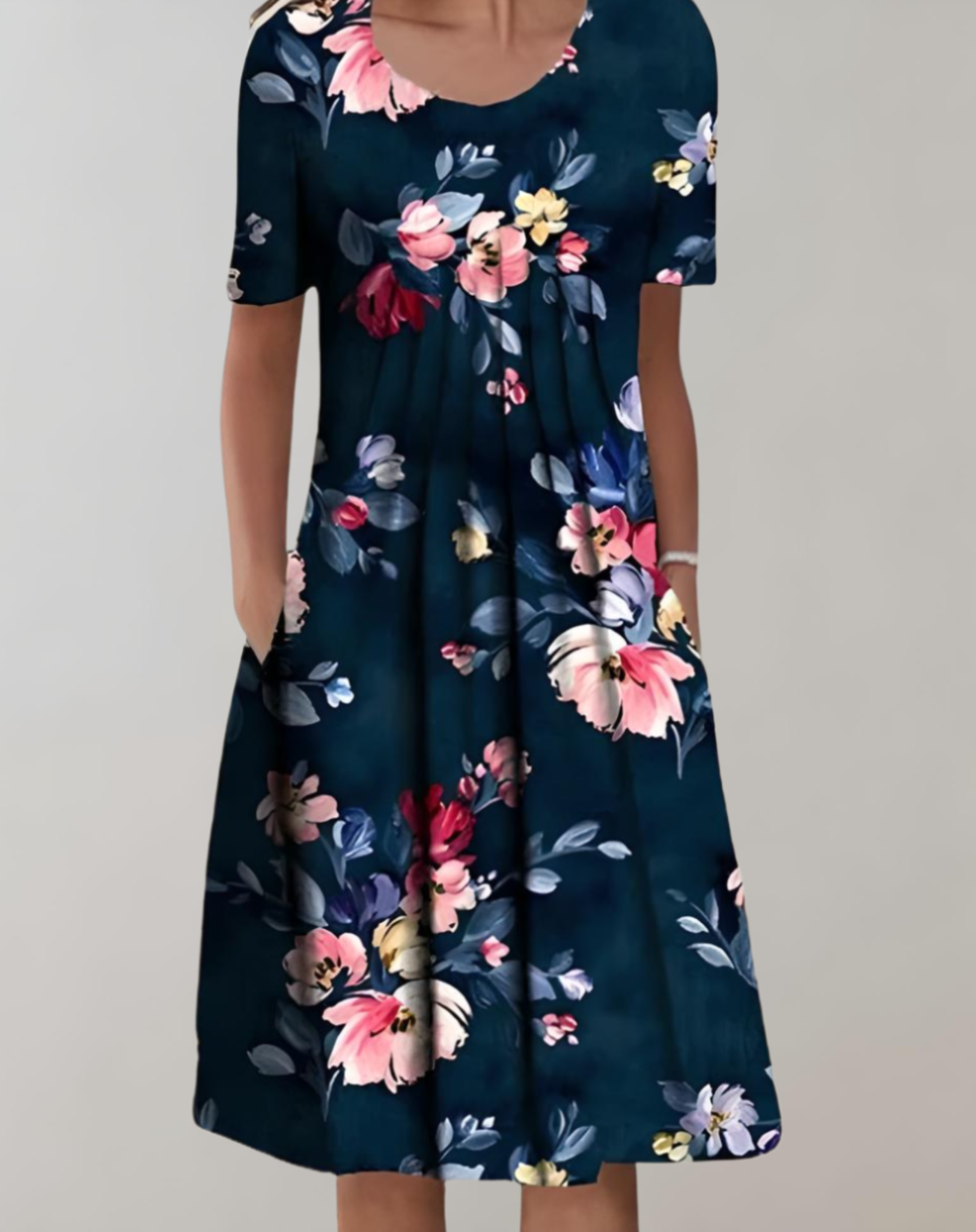 Léna – Robe féminine en ligne A, à manches courtes, col rond et motif floral, longueur genou