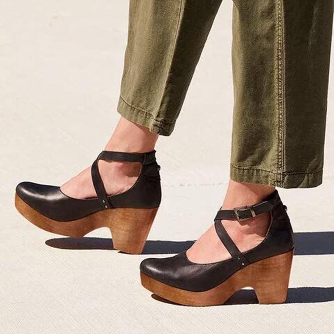 Élise – Sandales à talons compensés à bout fermé, sangle à la cheville et tige en cuir pour un confort exceptionnel