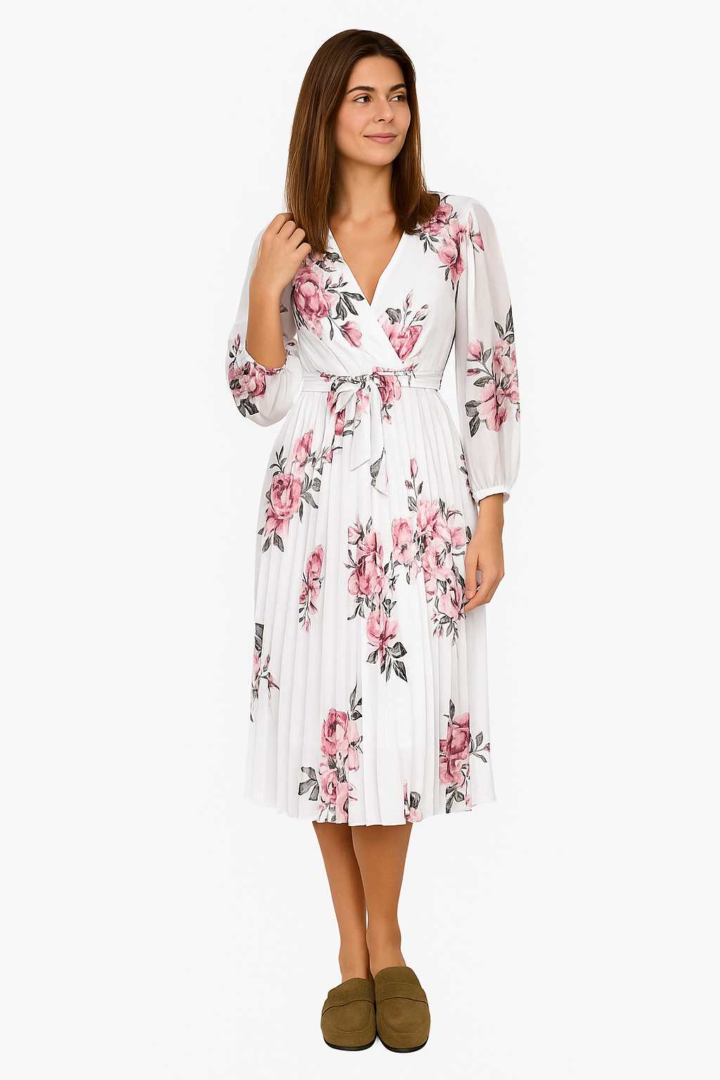 Lena – Robe blanche élégante avec décolleté en V et ceinture assortie