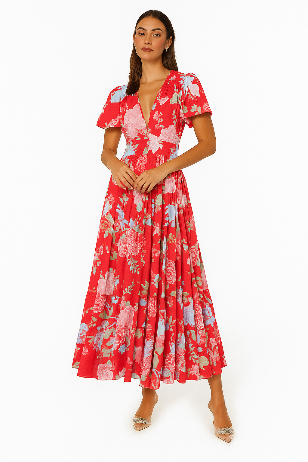 Carine - Robe élégante à décolleté en V avec motif floral tendance