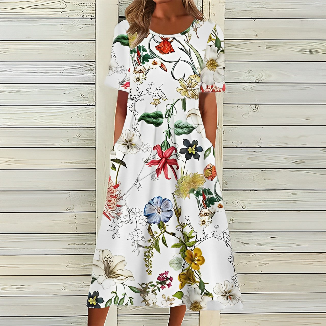 Aurélie – Robe blanche élégante à imprimé fleuri, pour un look sophistiqué en toute occasion