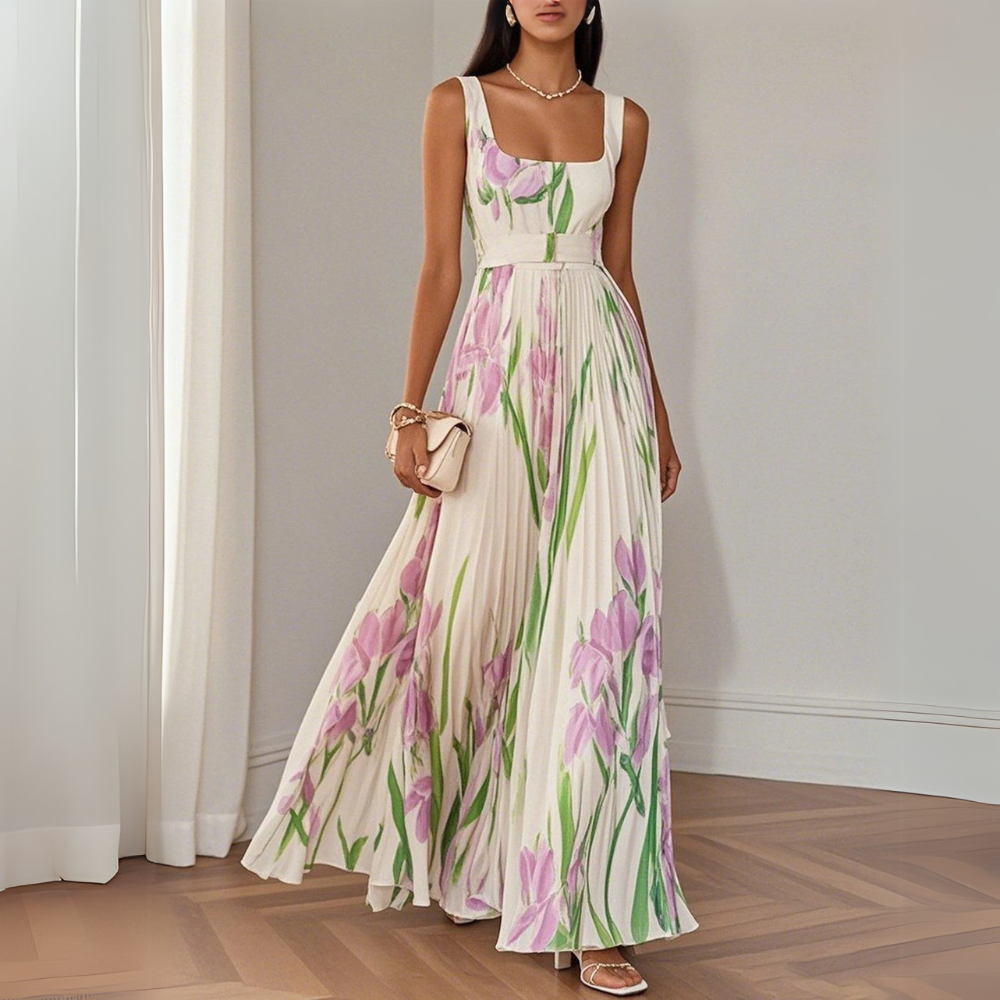 Clara – Robe longue élégante à volants avec un joli motif floral